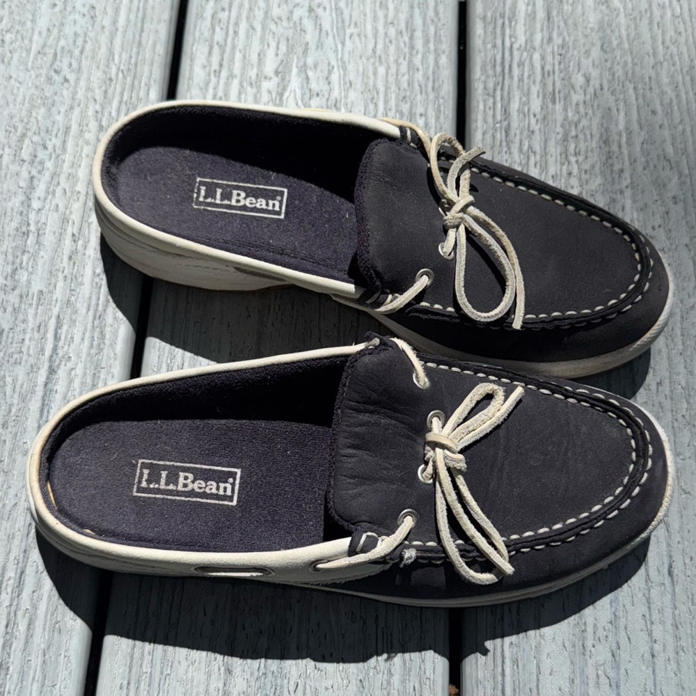 L.L. Bean Women’s Slip-On Navy Canvas and White Leather Boat Shoes